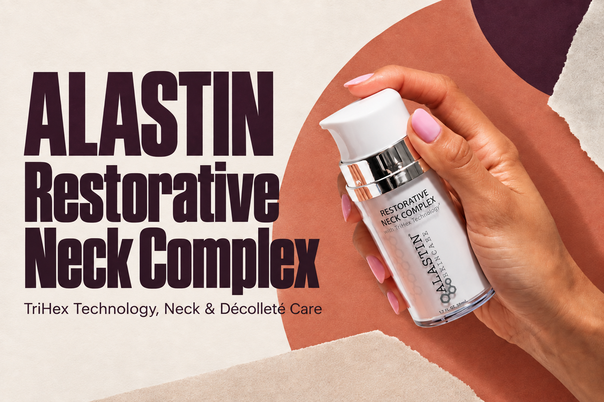 ALASTIN Restorative Neck Complex with TriHex Technology, held against a terracotta and ivory background.