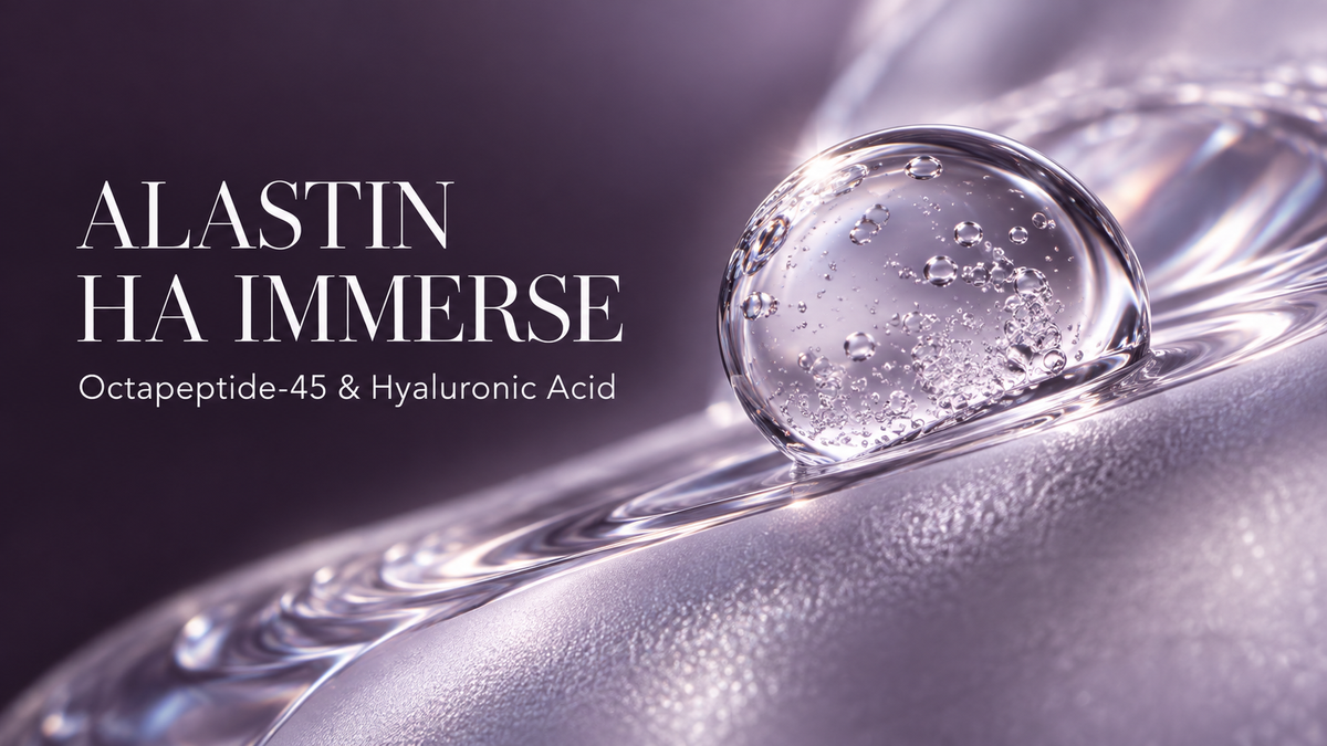 ALASTIN HA IMMERSE article cover with a clear droplet on lavender glass and text highlighting Octapeptide-45 and hyaluronic acid.