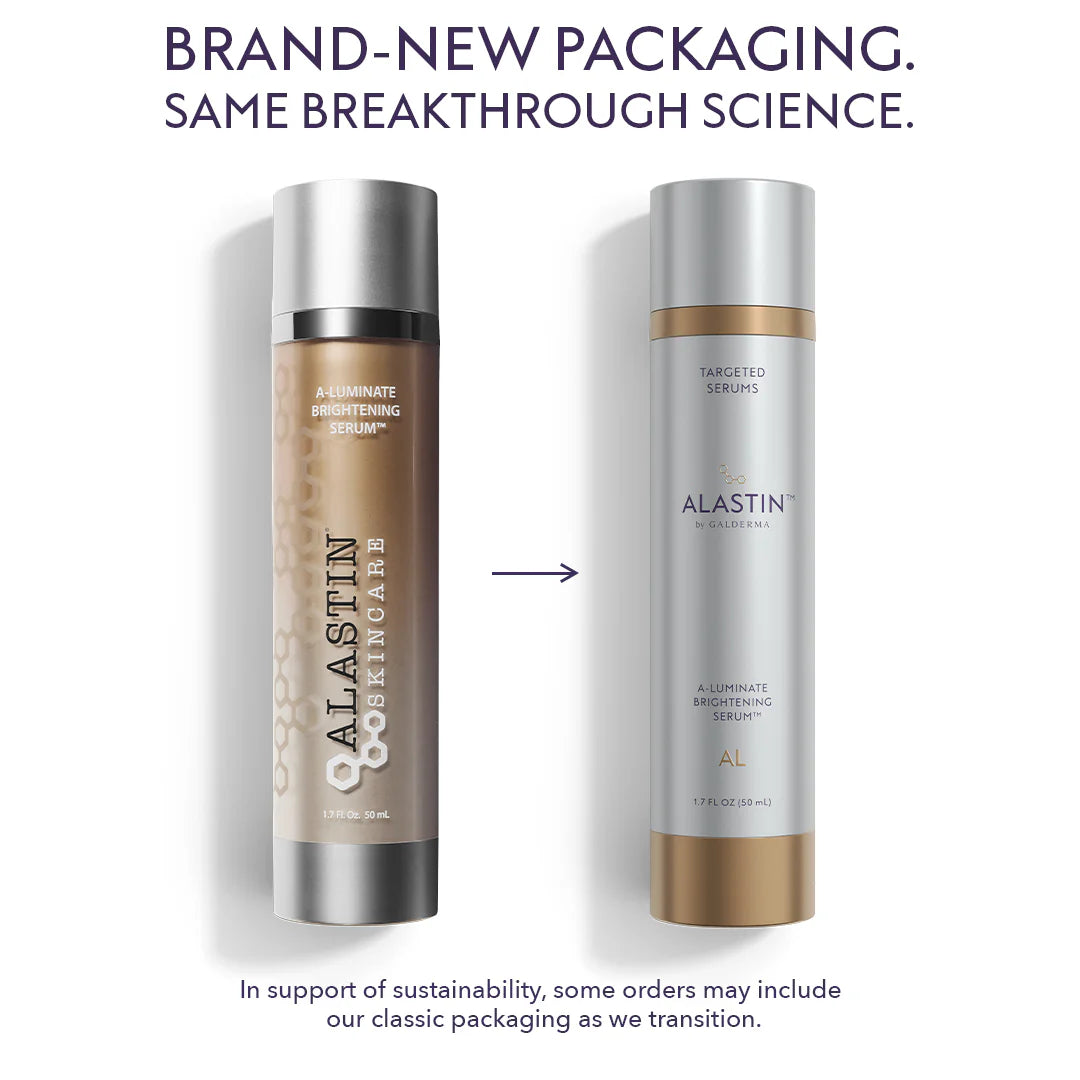 Two Alastin skincare products with a text overlay about new packaging and breakthrough science.