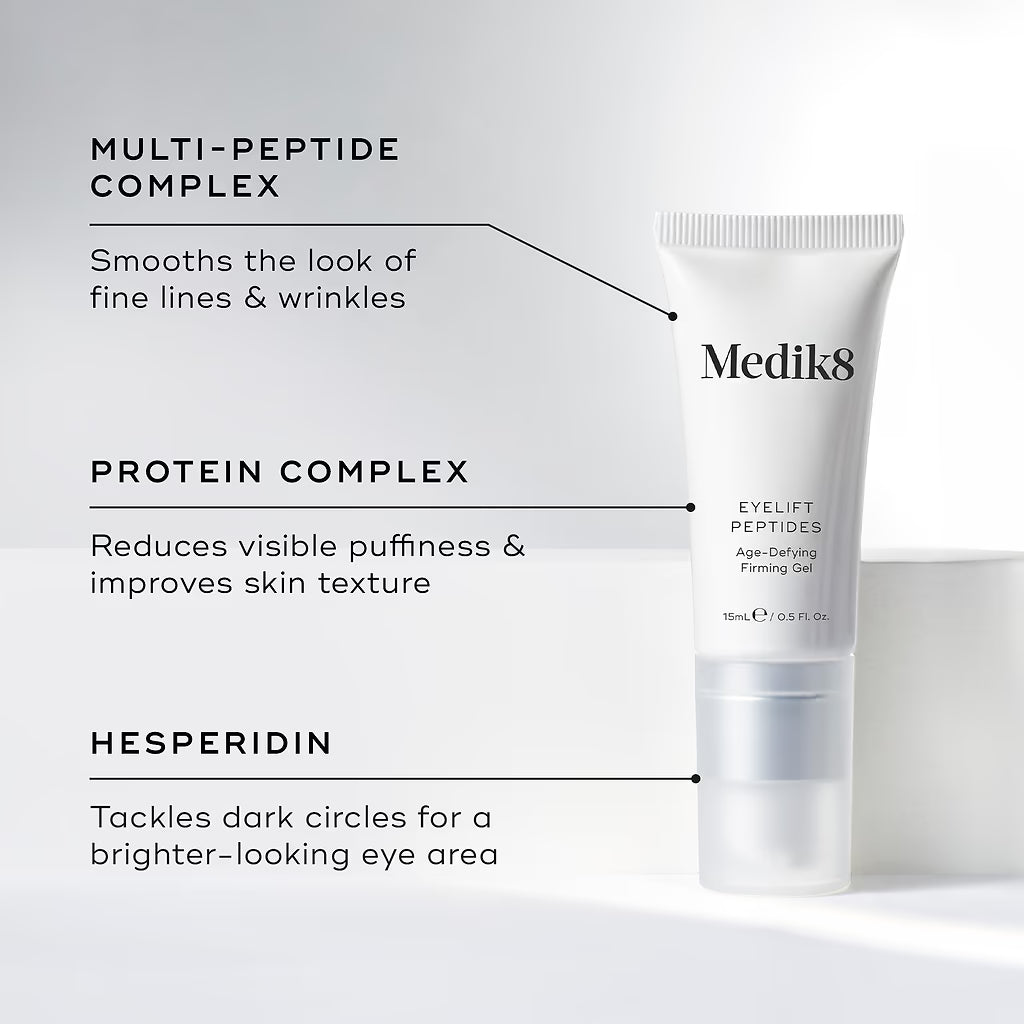Medik8 eyelift peptides tube with text detailing its components on a light gray background