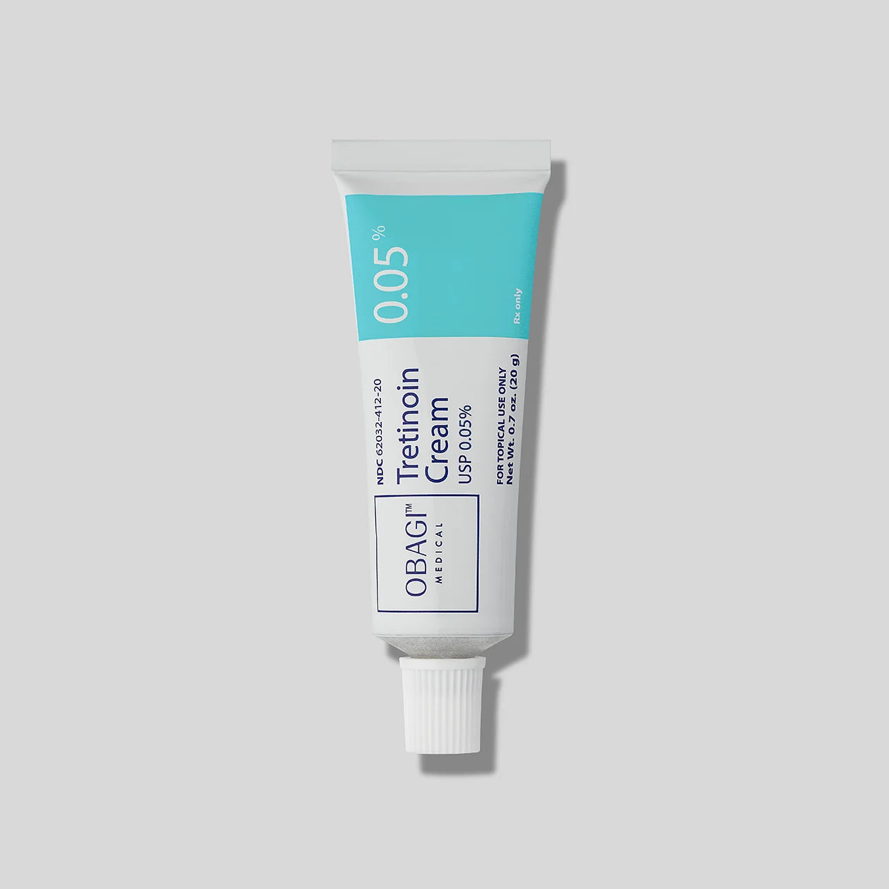 Obagi Tretinoin Gel 0.05% 20g tube on a light grey background