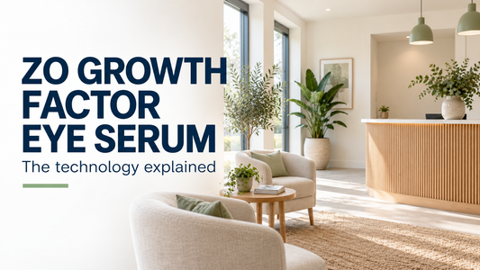 ZO Growth Factor Eye Serum article cover featuring a bright clinic reception with plants and comfortable seating.