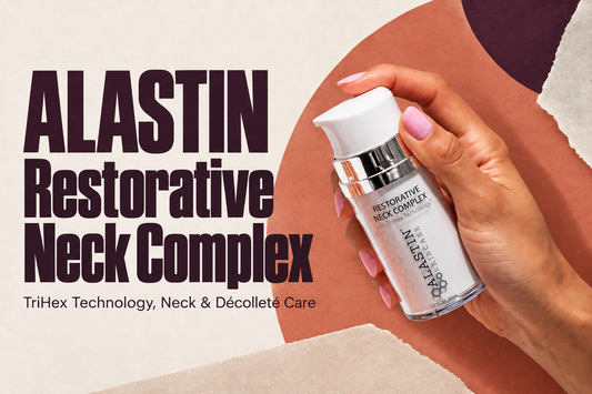 ALASTIN Restorative Neck Complex with TriHex Technology, held against a terracotta and ivory background.