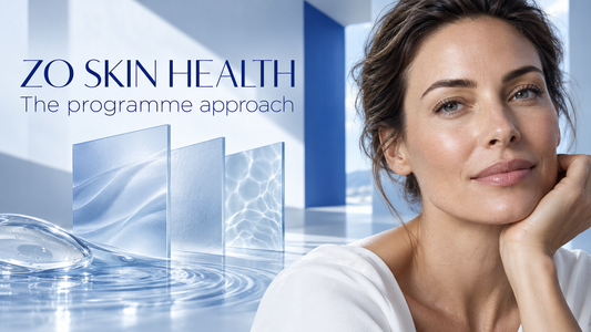 ZO Skin Health programme guide cover featuring a woman beside blue glass panels and water textures.