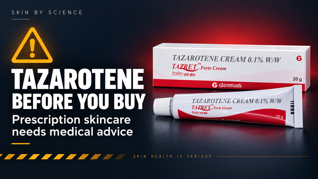 Tazarotene cream and packaging beside a warning symbol and the message “Before you buy—prescription skincare needs medical advice.