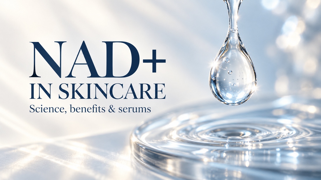 Clear serum droplet beside the title “NAD+ in skincare: Science, benefits & serums”.