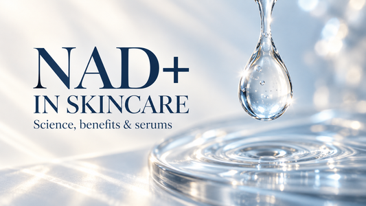 Clear serum droplet beside the title “NAD+ in skincare: Science, benefits & serums”.