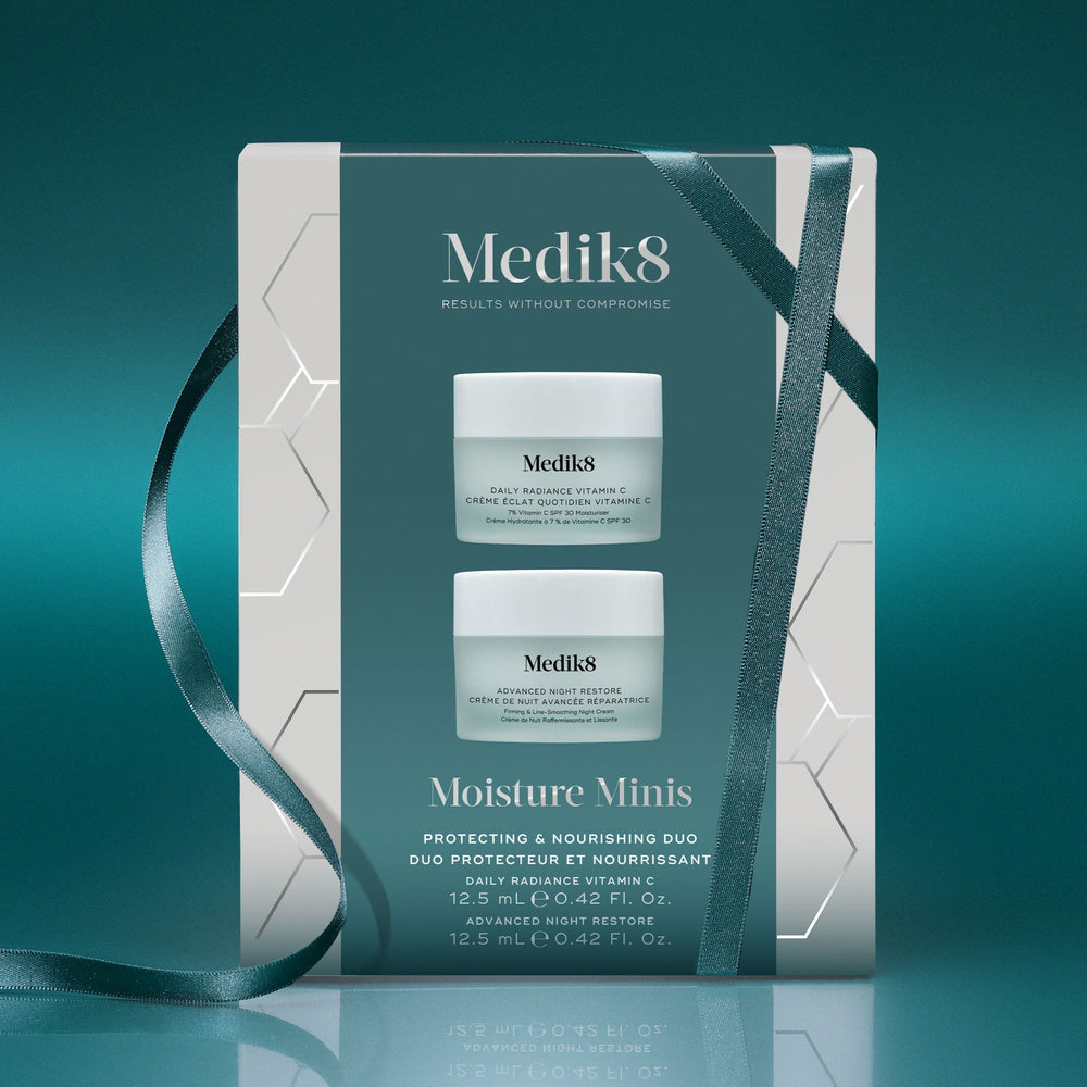 Medik8 Moisture Minis festive gift set with travel-size Daily Radiance Vitamin C and Advanced Night Restore