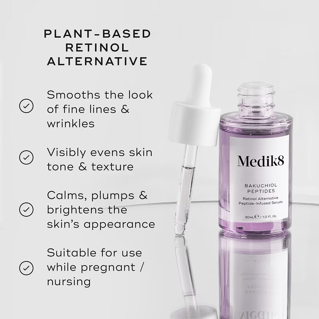 Medik8 skincare product with text on plant-based retinol alternative