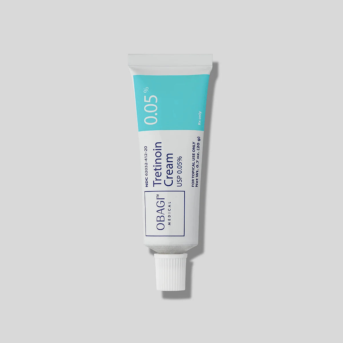 Obagi Tretinoin Gel 0.05% 20g tube on a light grey background