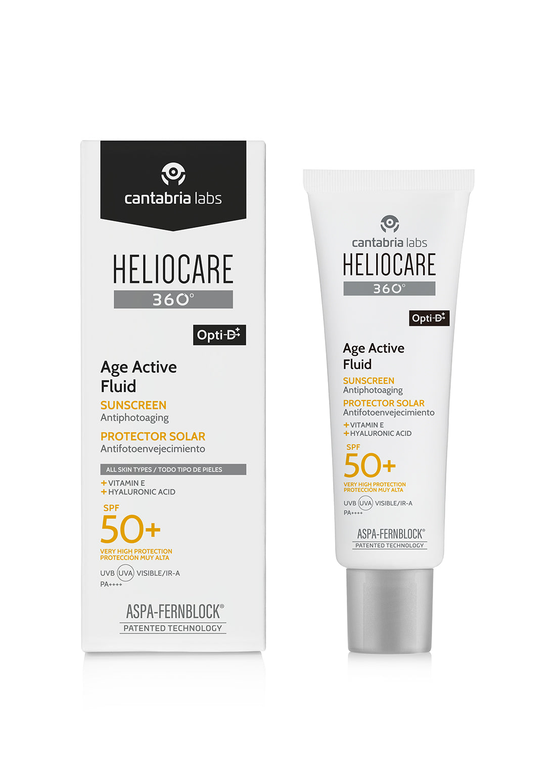 Heliocare 360° Age Active Fluid SPF50+ 50ml tube and carton