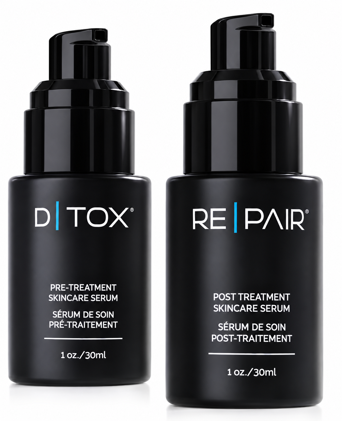 EXO|E D|TOX + RE|PAIR plant exosome serum kit, two 30ml black pump bottles