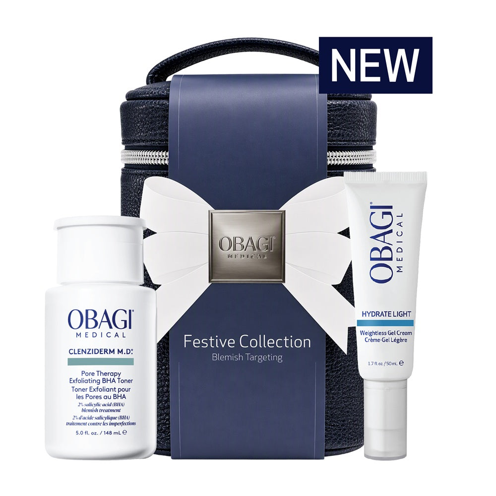 Obagi Blemish Targeting festive gift set 2026 with CLENZIderm M.D. Pore Therapy toner and Hydrate Light Weightless Gel Cream